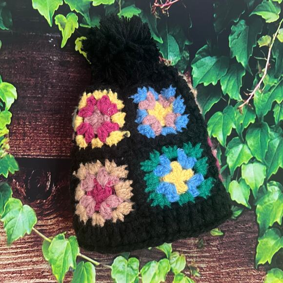 Wild Fable Fleece Lined Crochet Granny Square Beanie Adult OS Floral Pom Hat - Picture 2 of 4